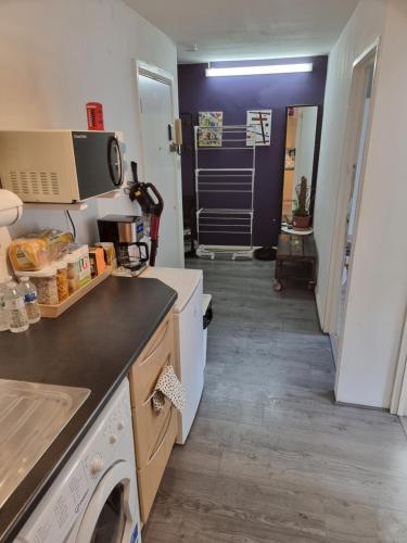 a kitchen with a washer and dryer and a hallway at A corner of the world in London