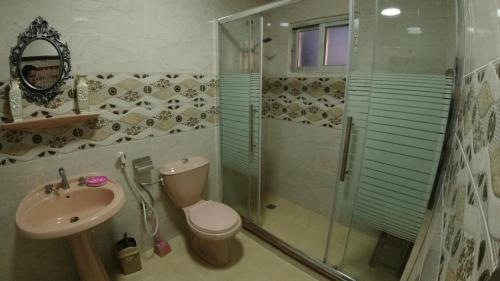 瓦迪穆薩的住宿－Petra Antique House，带淋浴、卫生间和盥洗盆的浴室