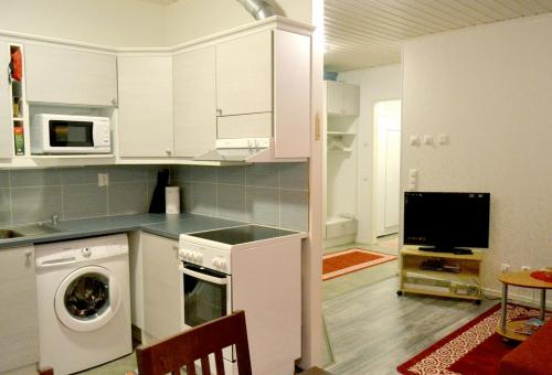 een keuken met een wasmachine en een tv bij Talo Ylläs in Äkäslompolo