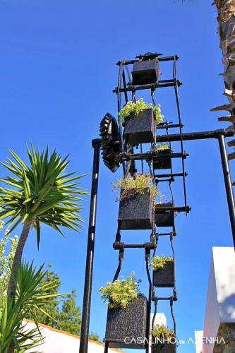 a plant stand with several plants on it next to a palm tree at Casalinho da Azenha - Charm House in Sintra