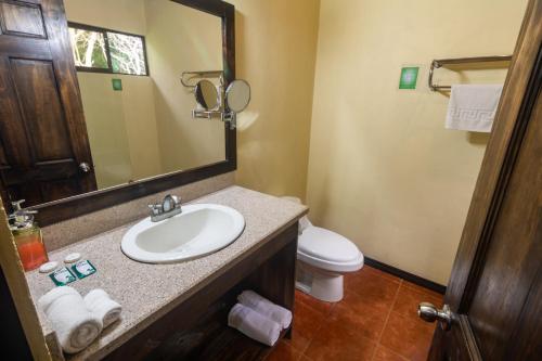 a bathroom with a sink and a toilet and a mirror at Rinconcito Lodge in Hacienda Santa María