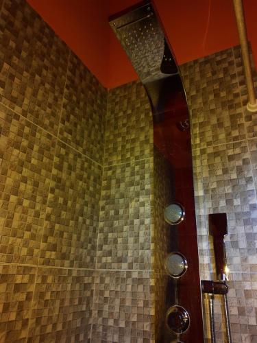 a bathroom with a shower with tiled walls at Cabañas Teoba in San José