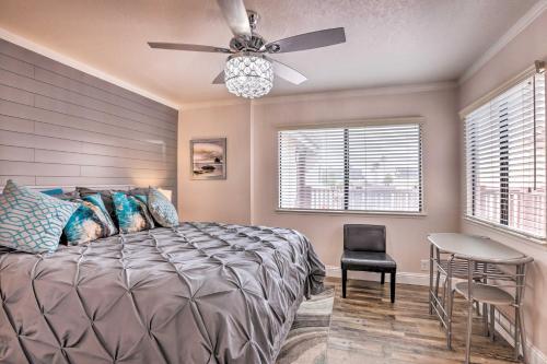 a bedroom with a bed and a ceiling fan at Pismo Beach Condo Less Than Walk to Beach and Wineries! in Pismo Beach