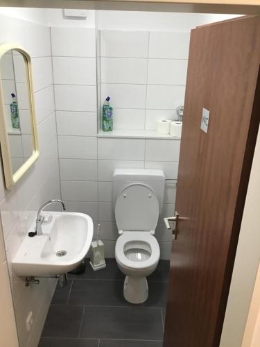 a bathroom with a white toilet and a sink at VerwöhnWohnungDeluxe in Wuppertal