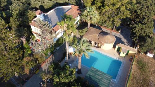 uma vista superior de uma casa com uma piscina e palmeiras em LEMON GARDEN em Vasilikos