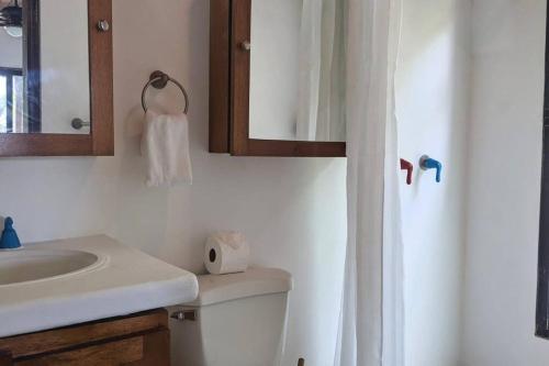 y baño con aseo, lavabo y espejo. en Shankton Harbour 3 Bedroom 4 Bathroom Beach House w Private BEACH SEA path, en Tola