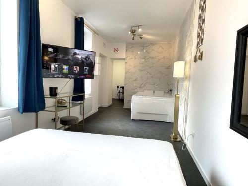 une chambre avec un lit et une salle de bain avec baignoire dans l'établissement Le Vauban, à Mulhouse