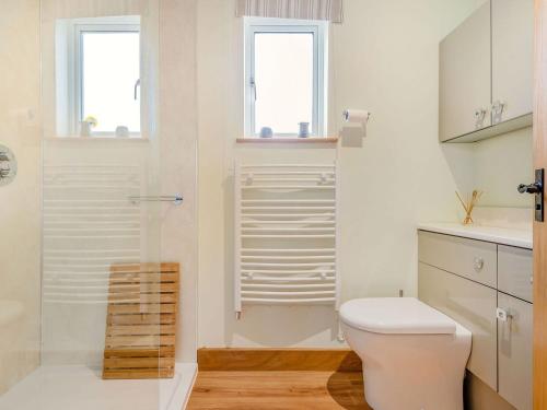 a white bathroom with a toilet and a shower at Violet Cottage in Credenhill