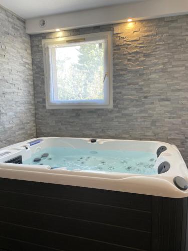 a large bath tub in a bathroom with a window at T2 rénové, jaccuzi, sauna, sièges massants, jardin, parking, métro in Toulouse