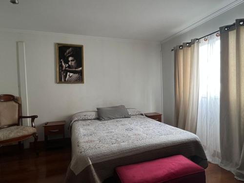 a bedroom with a bed and a chair and a window at Apartamentos Cerro Blanco in Santiago