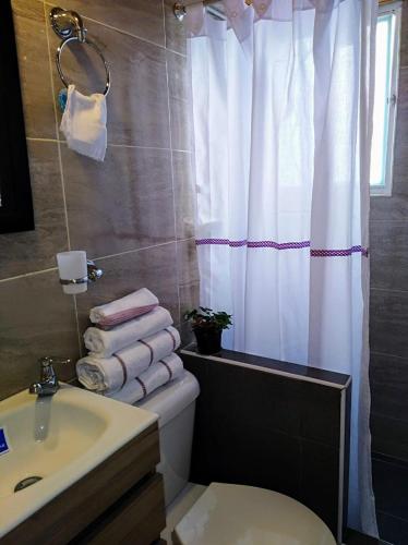 een badkamer met een wastafel, een toilet en een douche bij HABITACION EN SUBA in Bogota
