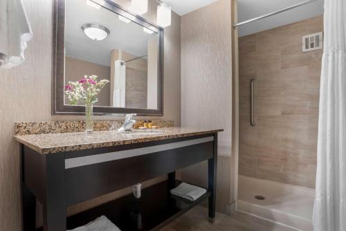 Un baño con lavabo, espejo y ducha. en Best Western Plus Tallahassee North Hotel, en Tallahassee