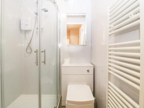 a white bathroom with a shower and a toilet at Riverside House in Amlwch