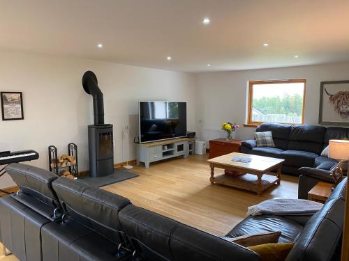 een woonkamer met een bank en een tv bij Teaghlach, Cairngorms - Escape Cottages Scotland in Newtonmore