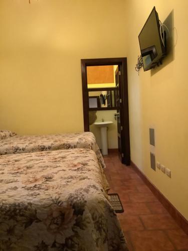 a bedroom with a bed and a tv on the wall at La casita de Angie in Antigua Guatemala