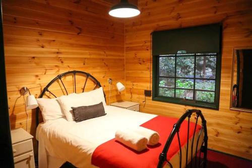 1 dormitorio con 1 cama en una habitación de madera en Holly Lodge, en Medlow Bath