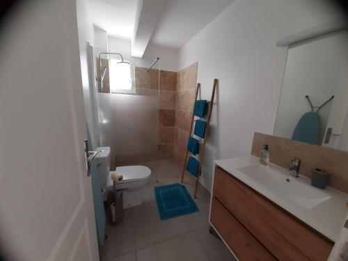 La salle de bains est pourvue de toilettes et d'un lavabo. dans l'établissement Appartement neuf a 150 metres de la mer wifi, au Diamant