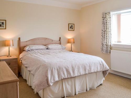 Drummore的住宿－Auld Dairy Cottage，一间卧室配有一张床、两盏灯和一个窗户。