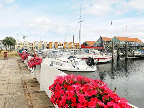 a group of boats docked at a marina with flowers at 4 person holiday home in Rudkøbing-By Traum in Rudkøbing