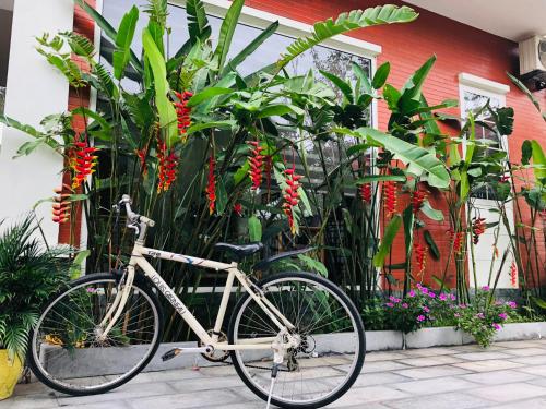 ein Fahrrad, das vor einem Haus mit Pflanzen geparkt ist in der Unterkunft Ninh Binh Brother's Homestay in Ninh Bình