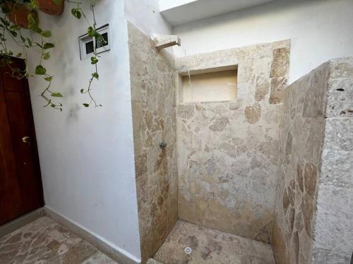 La salle de bains est pourvue d'une douche et d'un mur en pierre. dans l'établissement 5BR amazing house picusi AC old city, à Carthagène des Indes