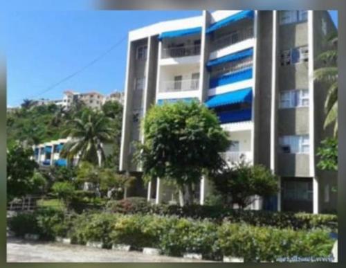 a large building with palm trees in front of it at Crystoural Apartment Liguanea Sovereign Apt - 2 Bedrooms, 3 Beds, Host 4 Guest- Kingston! in Kingston
