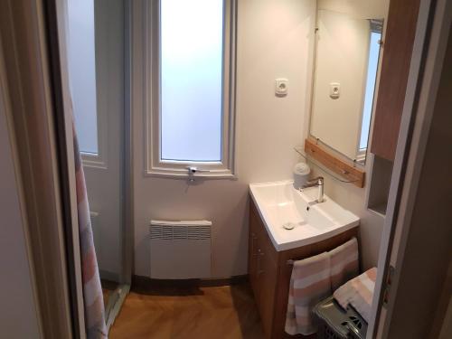 MOBILHOME CLIMATISE TOUT CONFORT 6 à 8 PERSONNES à louer في Litteau: حمام مع حوض ومرآة ونافذة