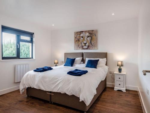 a bedroom with a large bed with blue pillows at Bramley Lodge - Uk38384 in Lyonshall