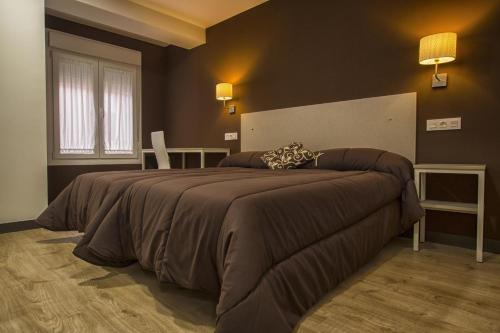 a bedroom with a large bed with a brown blanket at Hostal Elvira in Aranda de Duero