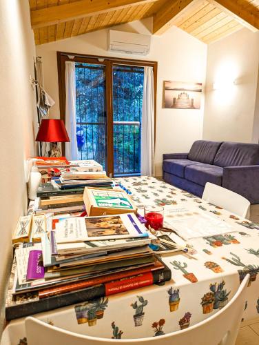 a table with a pile of books on it at Agriturismo Ardizio 43 in Pesaro