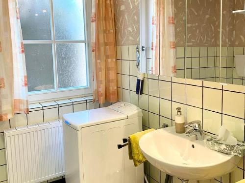 a bathroom with a washing machine and a sink at Gästehaus am Eichbach in Schramberg