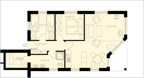 einen schwarz-weißen Grundriss eines Hauses in der Unterkunft Strandhus Sellin - Apt. 02 in Ostseebad Sellin