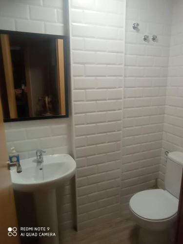 a bathroom with a sink and a toilet and a mirror at La Aracelitana in Lucena