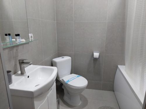 a bathroom with a white toilet and a sink at ГРК РЕЛАКС in Pavlohrad