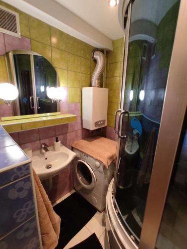 La salle de bains est pourvue d'un lavabo et d'un lave-linge. dans l'établissement Słoneczne Pokoje, à Gliwice