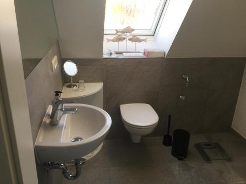 a bathroom with a sink and a toilet and a window at Residenz am Trammer See in Plön