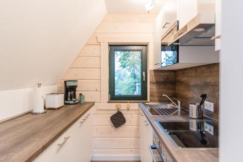 uma cozinha numa pequena casa com um lavatório e uma janela em Ferienhaus BergesGlück em Eslohe