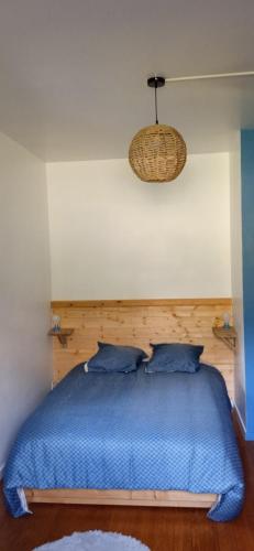 - une chambre avec un lit bleu et une lampe pendant dans l'établissement Gîte 