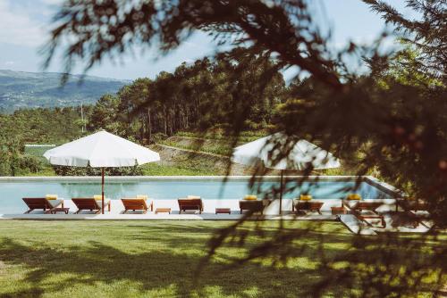 a swimming pool with chairs and an umbrella and a swimming pool at Oliveiras Village — Agroturismo in Amarante