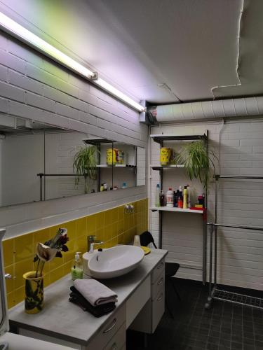 a bathroom with a sink and a yellow wall at Pikkukoti Lemmikki in Keuruu