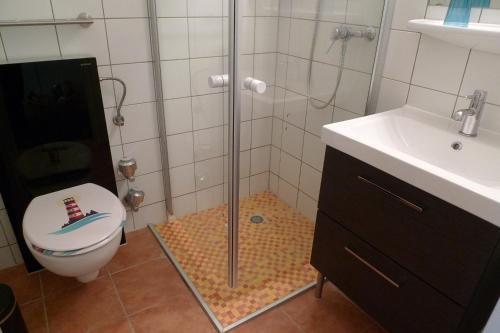 a bathroom with a shower and a toilet and a sink at Appartment 530 in Tossens in Tossenserdeich