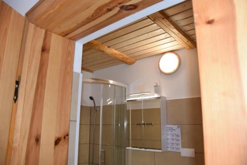 a bathroom with a shower and a glass shower at Dom Gościnny Grzęda in Jelenia Góra