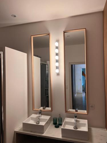 two sinks in a bathroom with two mirrors at Appart'Alencon in Alençon