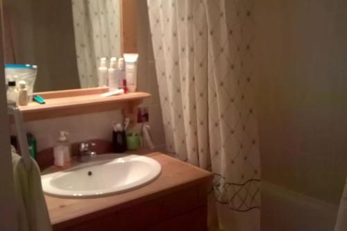 une salle de bain avec un lavabo et un rideau de douche dans l'établissement T3 puy st Vincent 1800, à Puy-Saint-Vincent