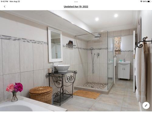 a bathroom with a shower and a sink at Rueby’s Apartment 101 in Dullstroom