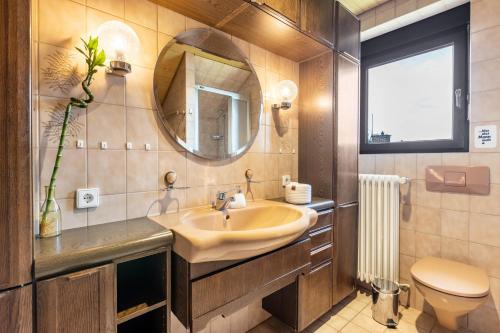 ein Badezimmer mit einem Waschbecken, einem Spiegel und einem WC in der Unterkunft Ferienwohnung Cherine in Gailingen