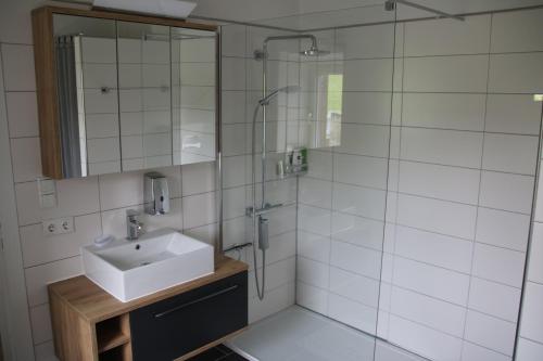 y baño con lavabo y ducha. en Ferienhaus Blaukovitsch, en Weiz