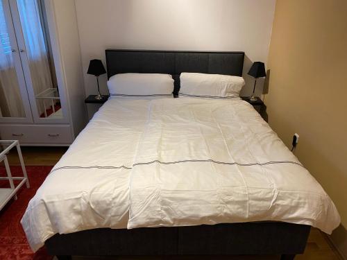 a bed with white sheets and pillows in a bedroom at Apartment „AlpView“,Tirol mit Sauna und Pool in Vomp