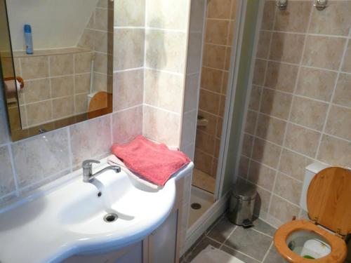 a bathroom with a sink and a shower and a toilet at 75 sqm Noyon; independant house in Noyon