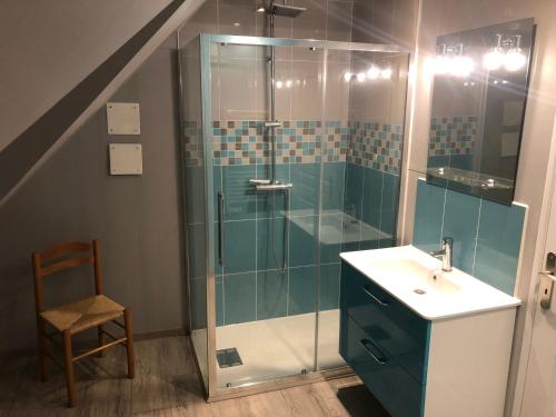 a bathroom with a glass shower and a sink at Logement @ 10 personnes avec piscine intérieure 31 degrés zoo de la FLECHE 24 h du Mans in La Flèche